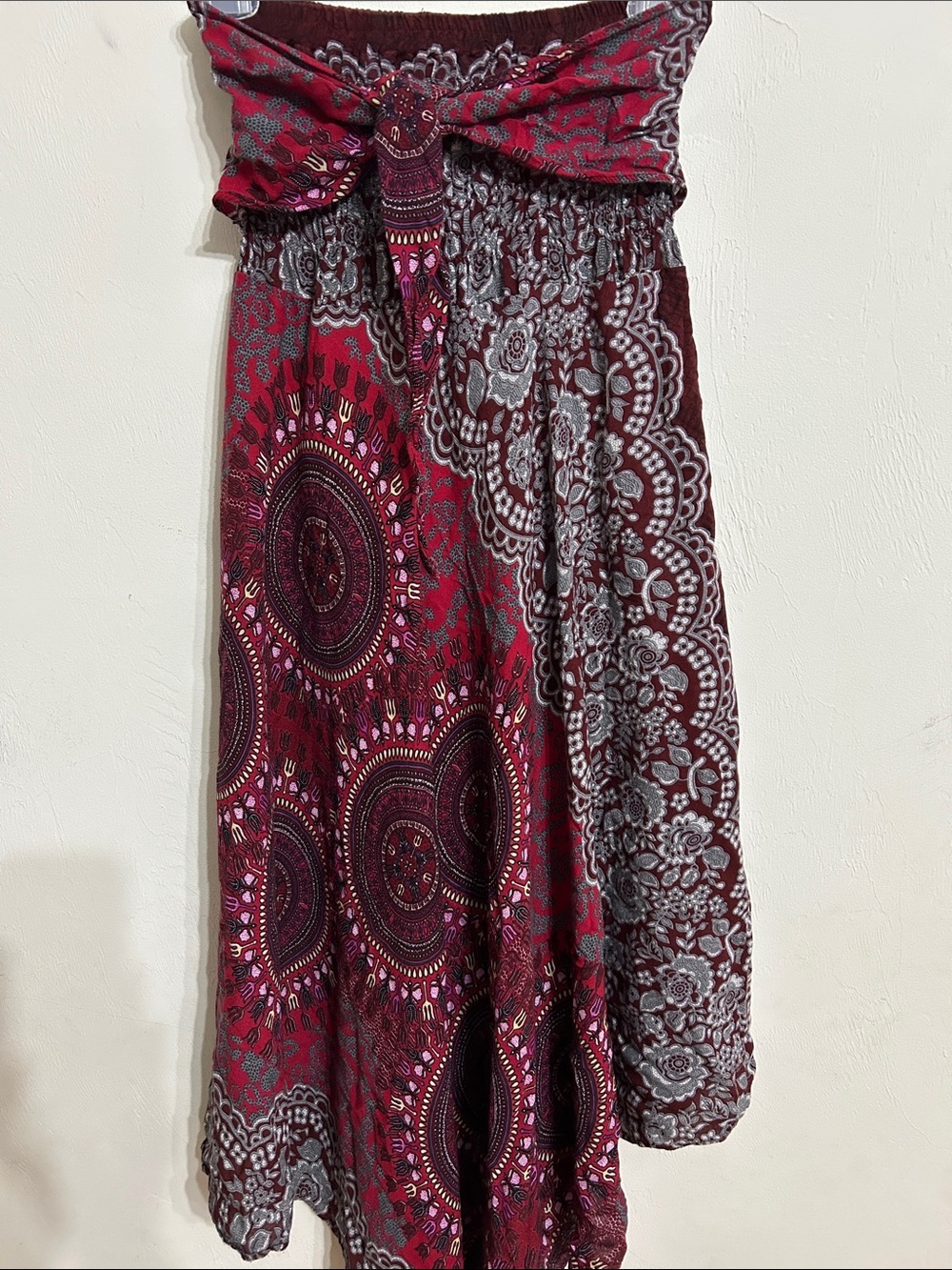 Tie-Waist & Elastic Burgundy Patterned Maxi Skirt Boho Style Youth Small